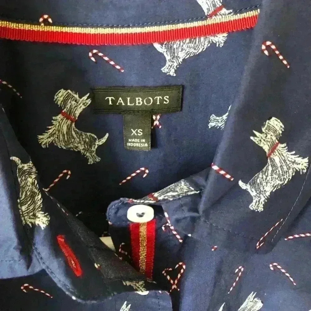 Talbots Christmas Holiday Theme Dog Printed Button Down Navy Cotton Shirt XS - Picture 2 of 7